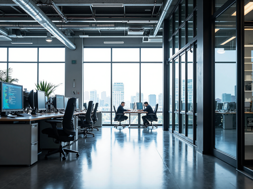 Modern office interior scene with spacious bright office environment, multiple people working at desks, blue background